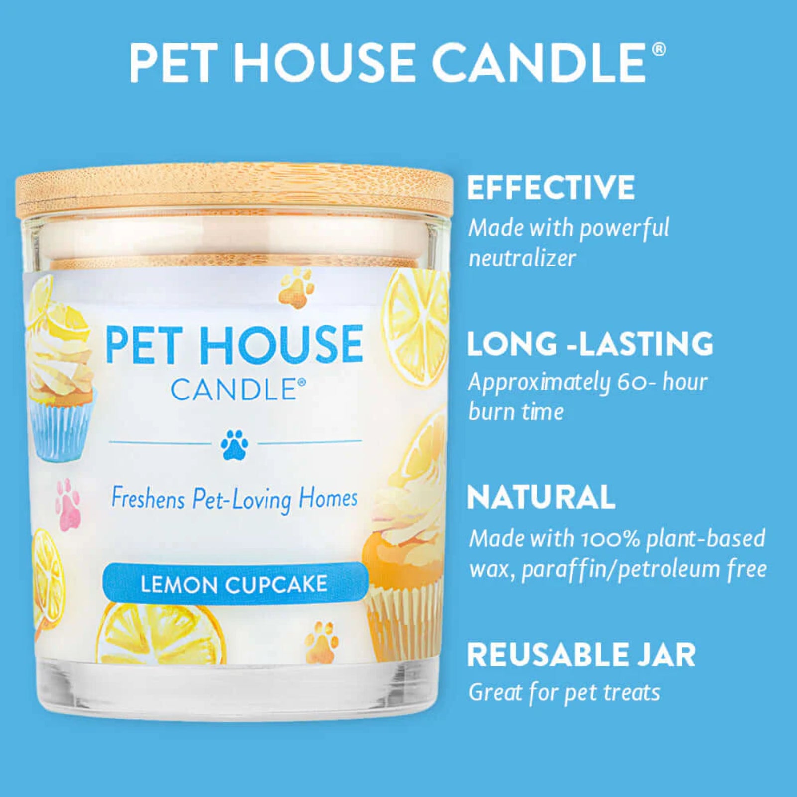 Pet House Candle with lemon cupcake scent on a blue background