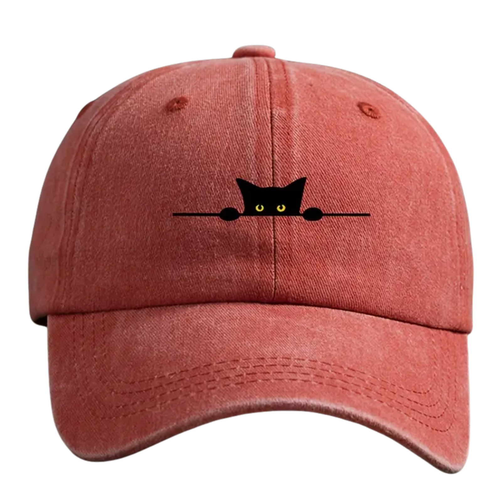 Red cap with a black cat design on a white background
