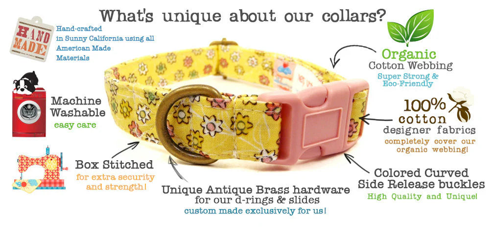 Dog collar with floral design and text highlighting features on a white background