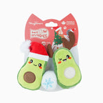 Avocado-shaped cat toys with Santa hats on a white background, featuring HugSmart branding.